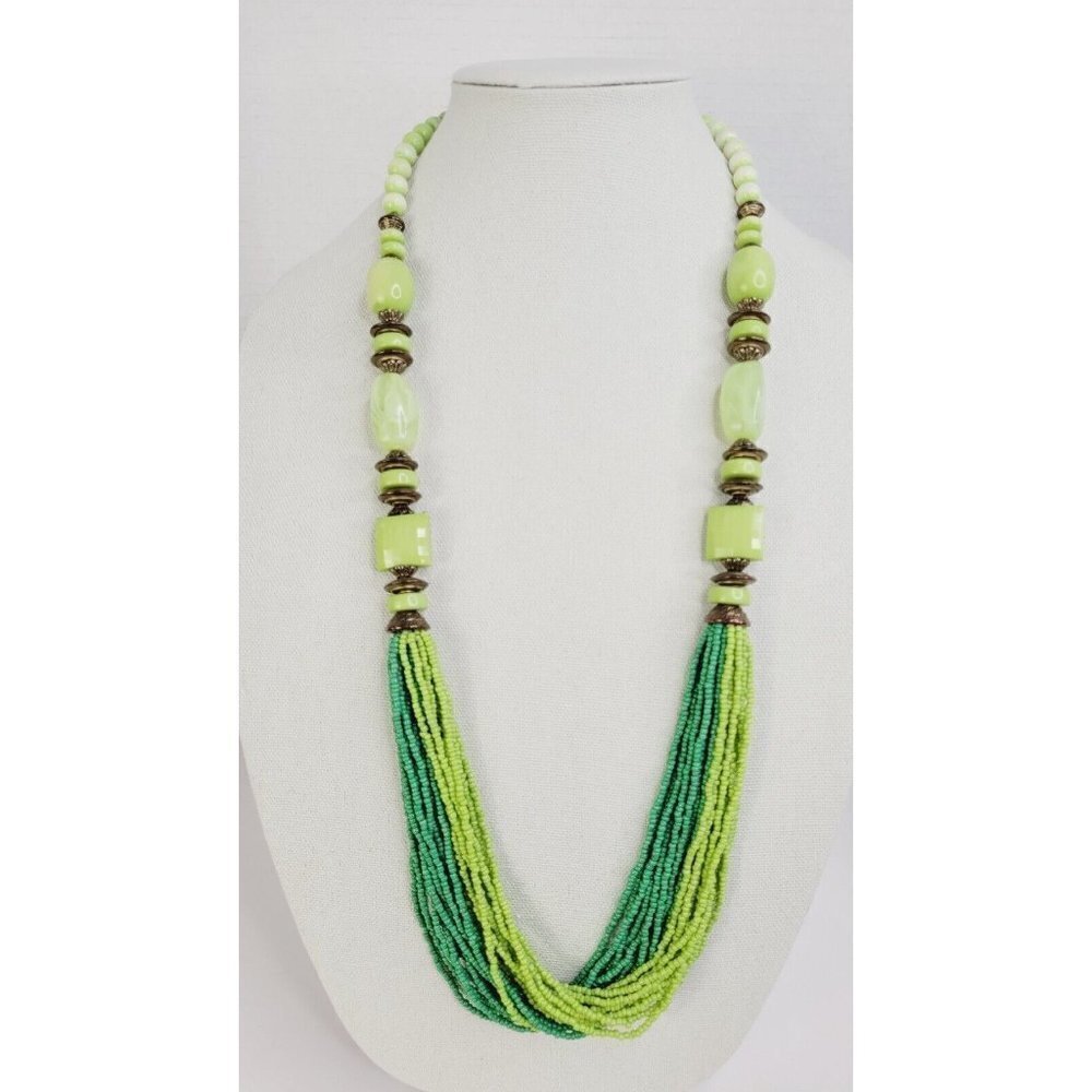 Continuous Statement Multi Strand Beaded Green Ne… - image 1